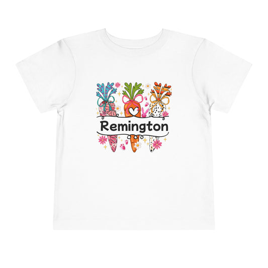Personalized Toddler Tee — Colorful Easter Carrot Gnome Name Shirt (Remington)