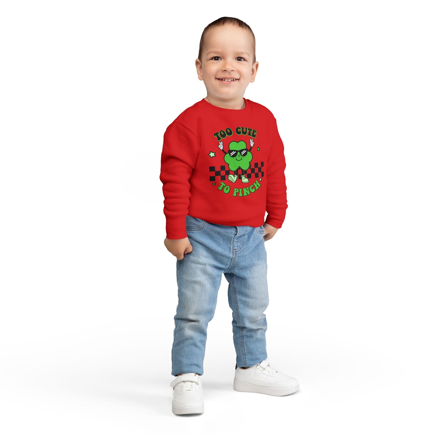 Toddler Sweatshirt — "Too Cute to Pinch" St. Patrick's Day Shamrock Sweatshirt for Babies & Toddlers