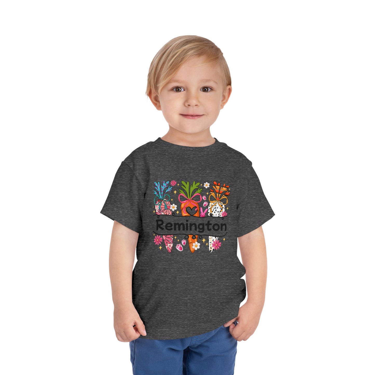 Personalized Toddler Tee — Colorful Easter Carrot Gnome Name Shirt (Remington)