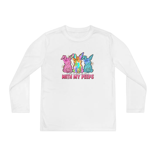 Youth Long Sleeve Tee — "With My Peeps" Colorful Easter Bunny Graphic