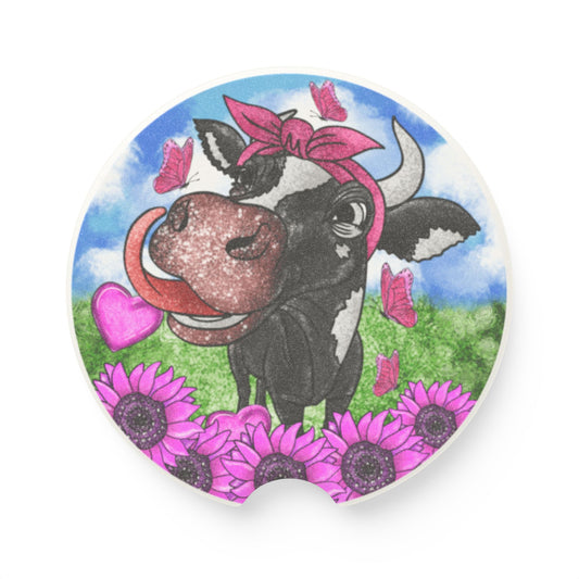Cow Floral Car Coaster — Cute Cow with Sunflowers Soapstone Drink Holder