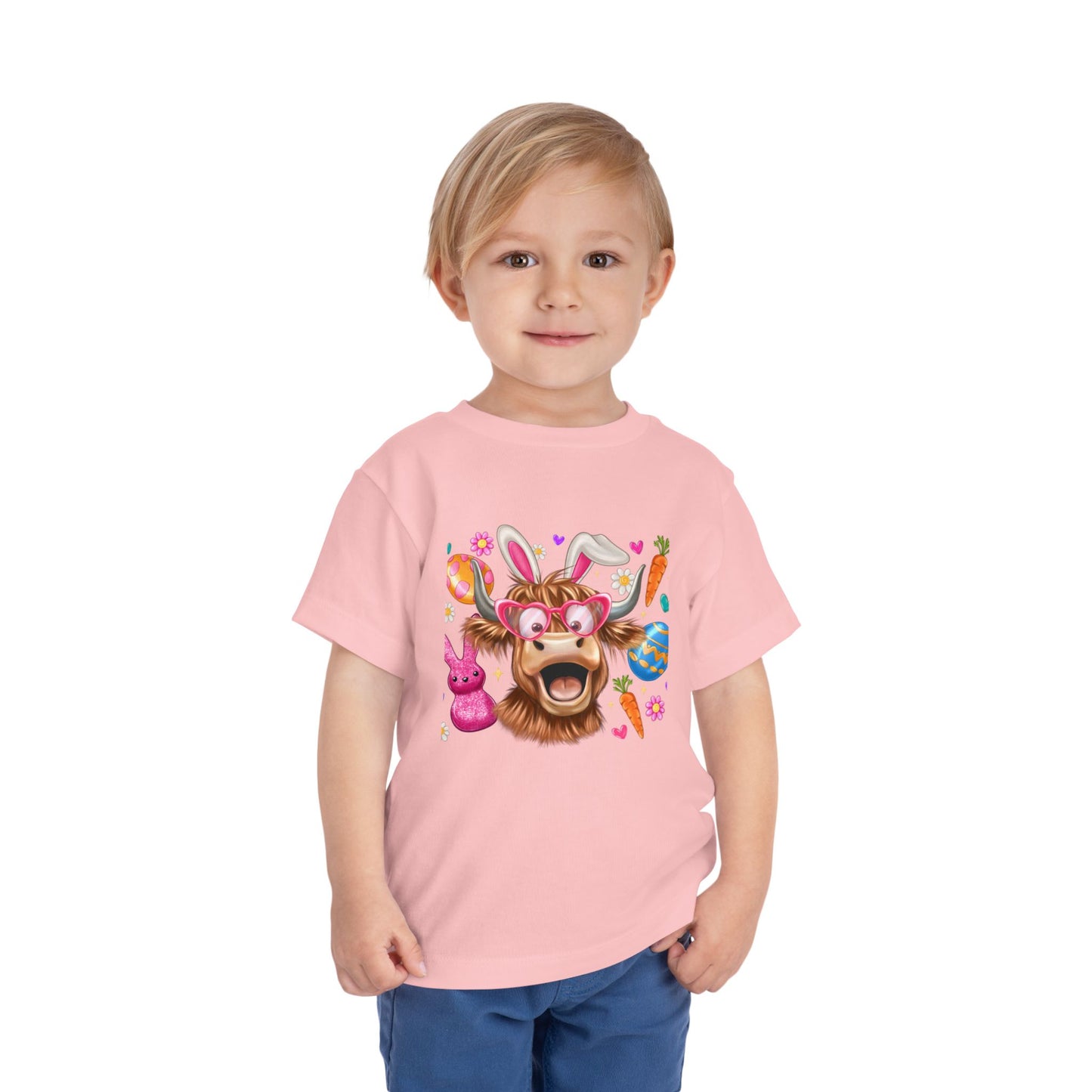 Easter Highland Cow Toddler Tee — Cute Bunny Ears & Colorful Eggs