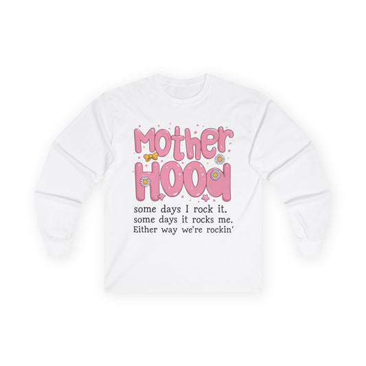 Motherhood Long Sleeve Tee — "Mother Hood" Cute Retro Graphic for New Moms & Mothers' Day