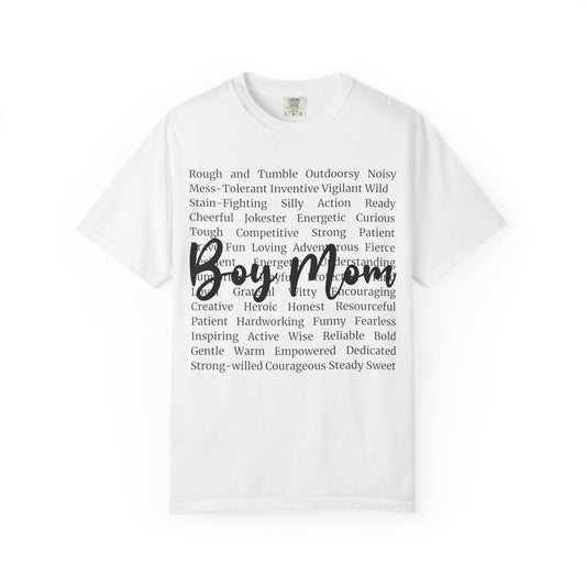 Boy Mom T‑Shirt — 'Boy Mom' Script over Positive Traits Tee COMFORT COLOR