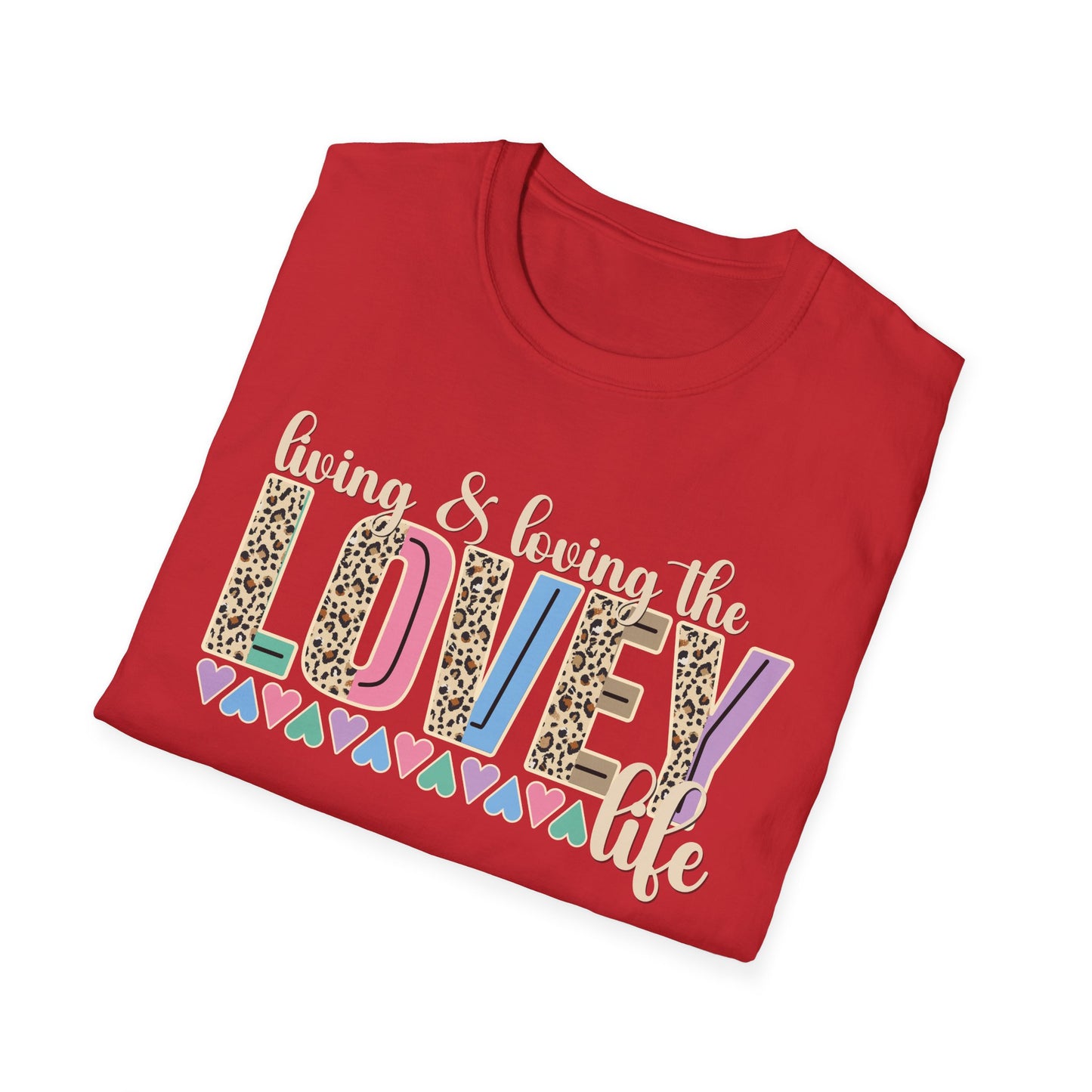 T-Shirt — Living the Lovey Life Graphic Tee (colorful leopard & pastel hearts)