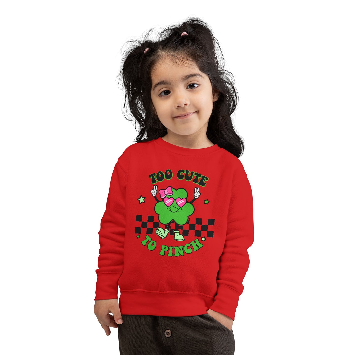 Toddler Sweatshirt — "Too Cute to Pinch" St. Patrick's Day Shamrock Crewneck