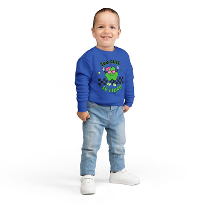 Toddler Sweatshirt — "Too Cute to Pinch" St. Patrick's Day Shamrock Crewneck