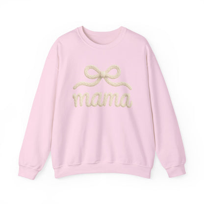 Mama Rope Bow Sweatshirt — Cozy White "mama" Crewneck for New & Expecting Moms