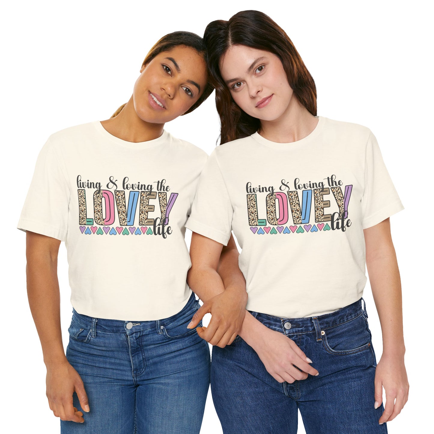 Living & Loving the LOVE Life T-Shirt — Colorful Leopard Print Hearts Tee
