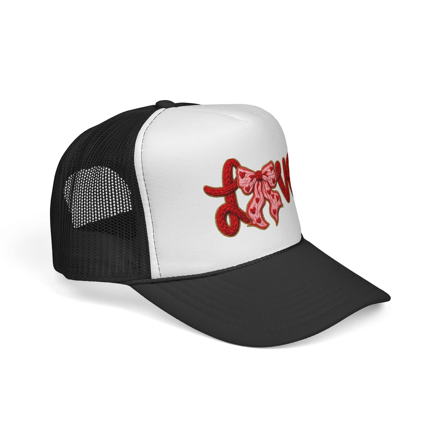 Love Bow Trucker Cap — Cute Pink Ribbon Love Logo Mesh Hat for Valentine’s Day