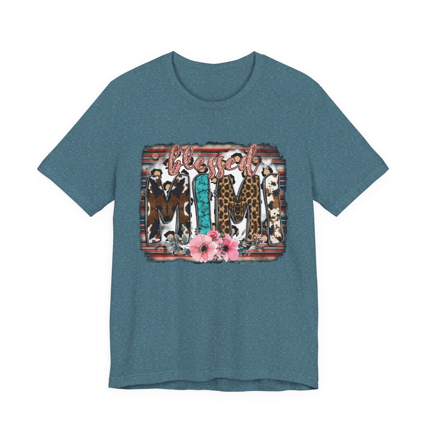 Mama Leopard & Western Floral T-Shirt — 'Mama' Graphic Tee with Cowhide, Turquoise & Pink Flowers
