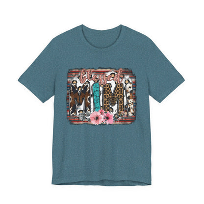 Mama Leopard & Western Floral T-Shirt — 'Mama' Graphic Tee with Cowhide, Turquoise & Pink Flowers