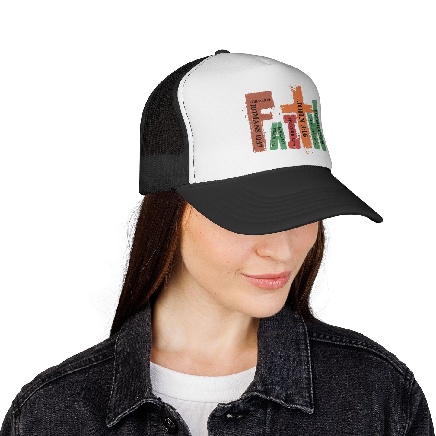 Christian Bible Verse Stack Trucker Cap — John 3:16, Romans, Hebrews Design