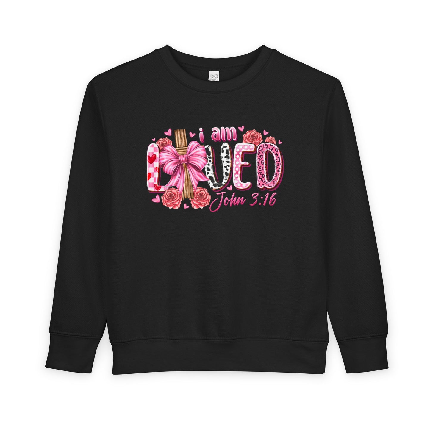 Toddler Sweatshirt - "I Am Loved" John 3:16 Pink Cross Faith Pullover