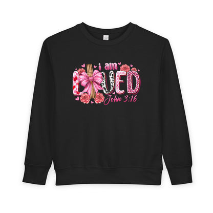 Toddler Sweatshirt - "I Am Loved" John 3:16 Pink Cross Faith Pullover