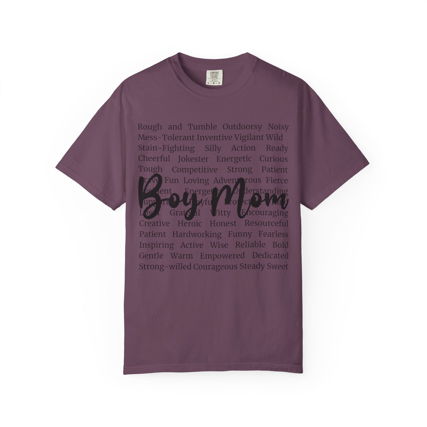 Boy Mom T‑Shirt — 'Boy Mom' Script over Positive Traits Tee COMFORT COLOR