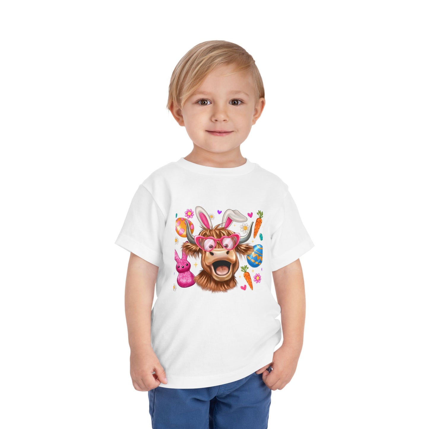 Easter Highland Cow Toddler Tee — Cute Bunny Ears & Colorful Eggs