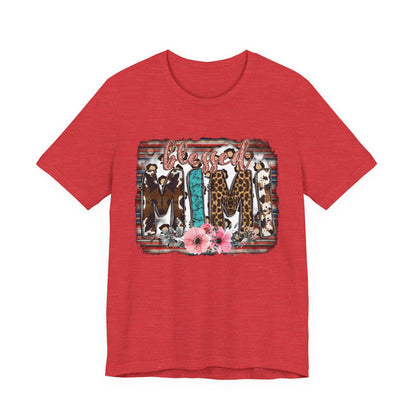Mama Leopard & Western Floral T-Shirt — 'Mama' Graphic Tee with Cowhide, Turquoise & Pink Flowers