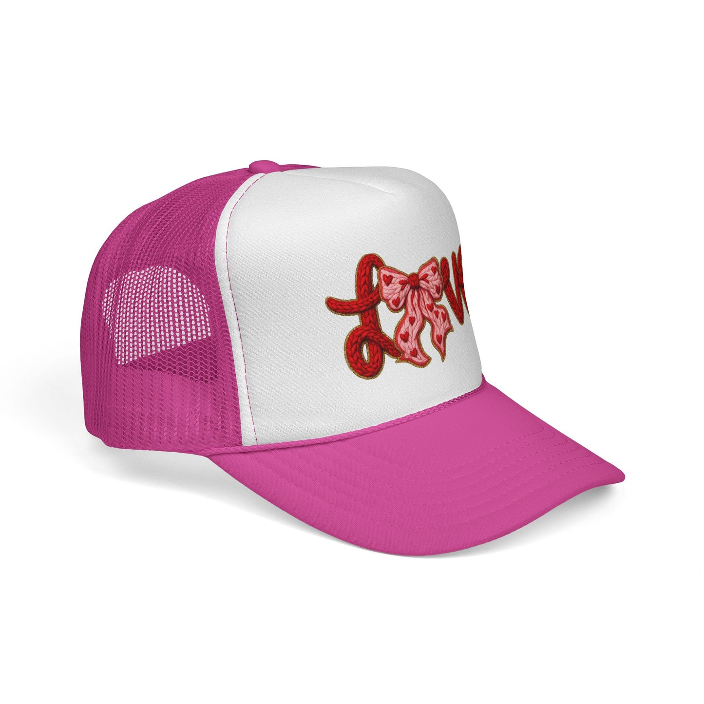 Love Bow Trucker Cap — Cute Pink Ribbon Love Logo Mesh Hat for Valentine’s Day