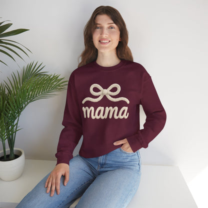 Mama Rope Bow Sweatshirt — Cozy White "mama" Crewneck for New & Expecting Moms