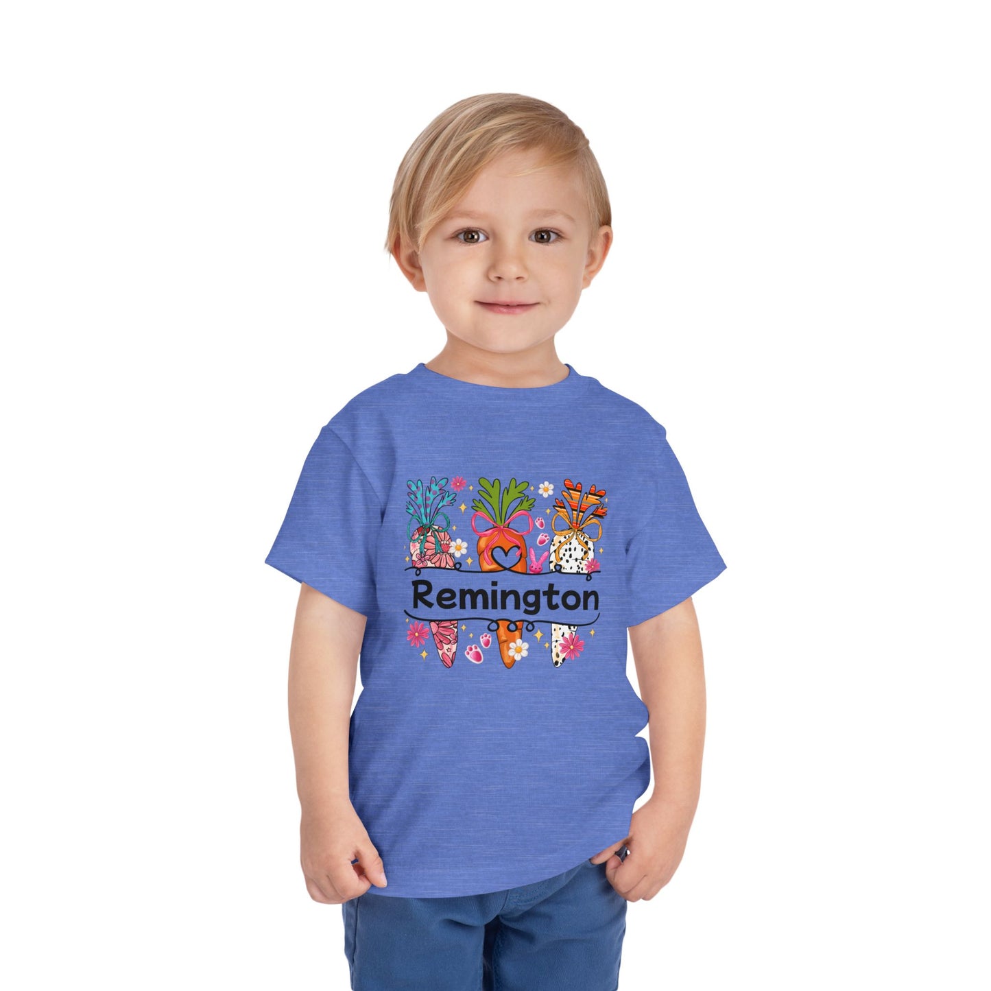 Personalized Toddler Tee — Colorful Easter Carrot Gnome Name Shirt (Remington)