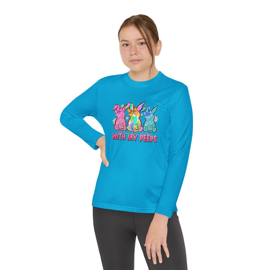 Youth Long Sleeve Tee — "With My Peeps" Colorful Easter Bunny Graphic