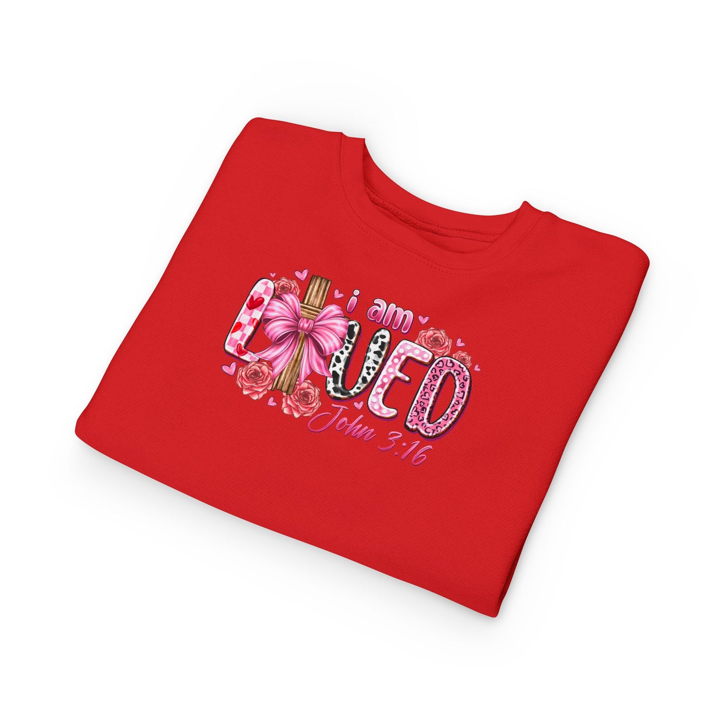 Toddler Sweatshirt - "I Am Loved" John 3:16 Pink Cross Faith Pullover