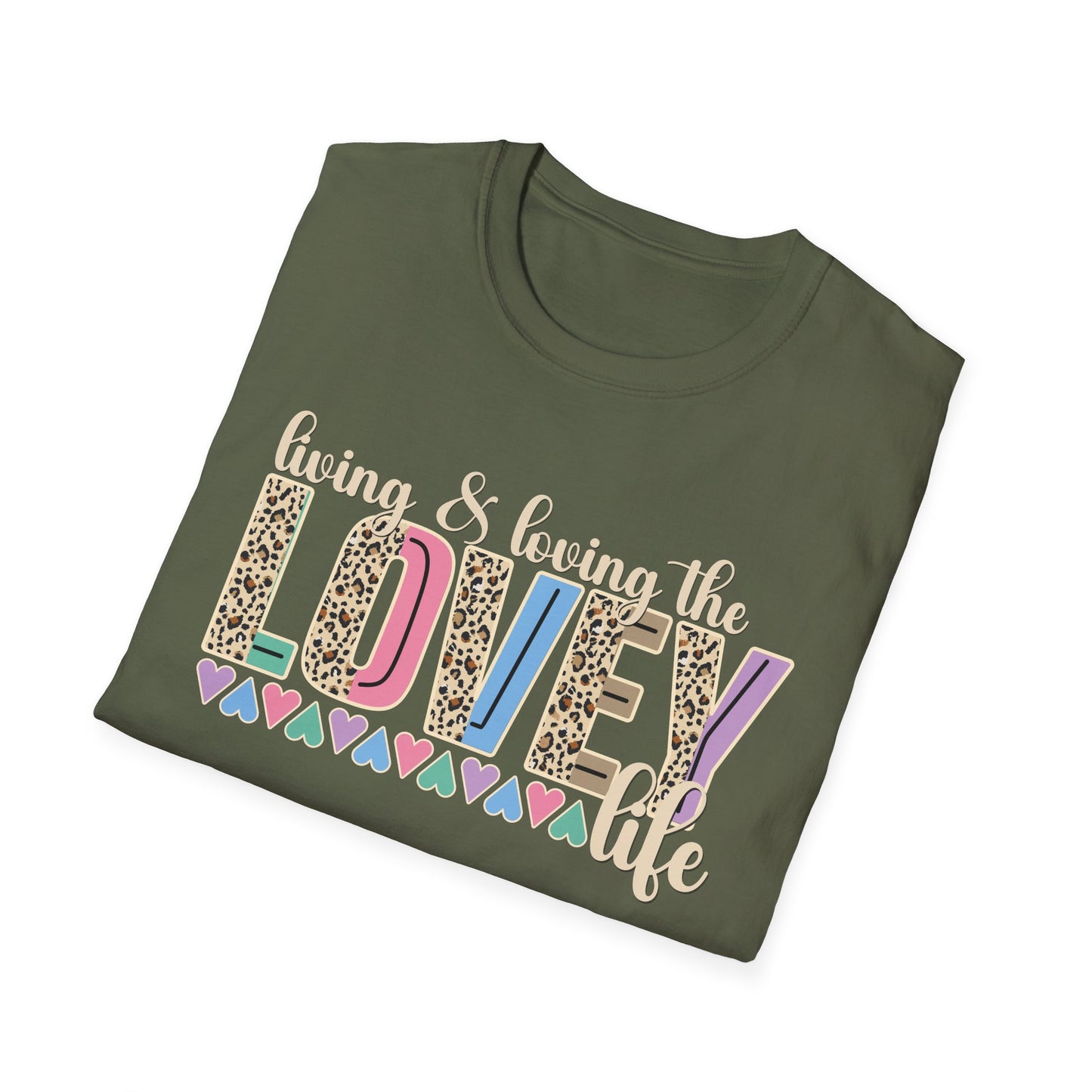 T-Shirt — Living the Lovey Life Graphic Tee (colorful leopard & pastel hearts)