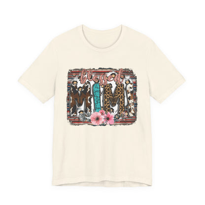 Mama Leopard & Western Floral T-Shirt — 'Mama' Graphic Tee with Cowhide, Turquoise & Pink Flowers