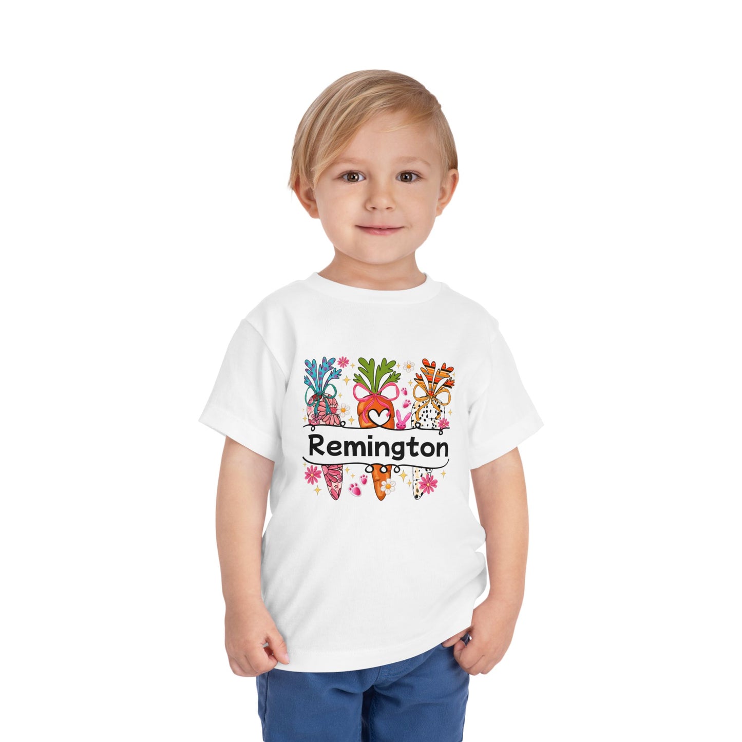 Personalized Toddler Tee — Colorful Easter Carrot Gnome Name Shirt (Remington)