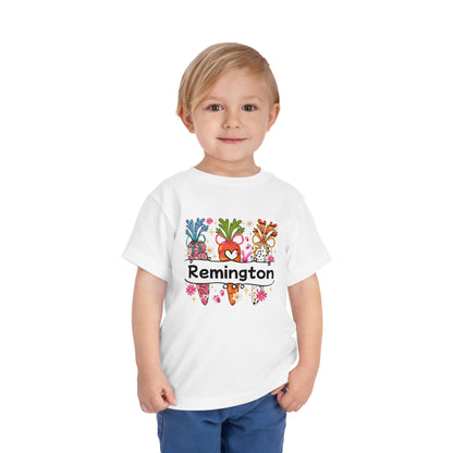Personalized Toddler Tee — Colorful Easter Carrot Gnome Name Shirt (Remington)