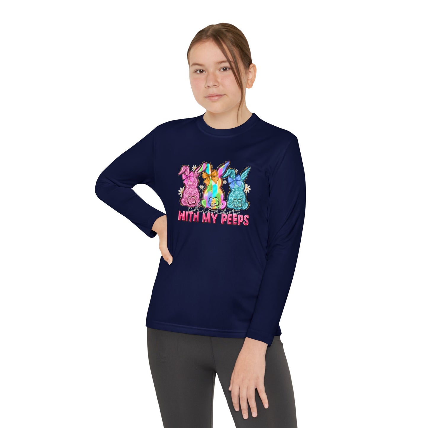 Youth Long Sleeve Tee — "With My Peeps" Colorful Easter Bunny Graphic