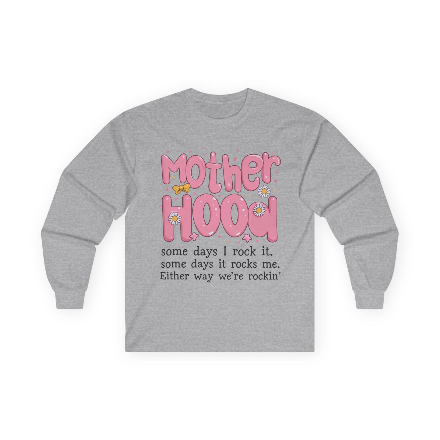 Motherhood Long Sleeve Tee — "Mother Hood" Cute Retro Graphic for New Moms & Mothers' Day