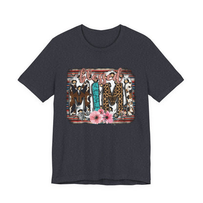 Mama Leopard & Western Floral T-Shirt — 'Mama' Graphic Tee with Cowhide, Turquoise & Pink Flowers