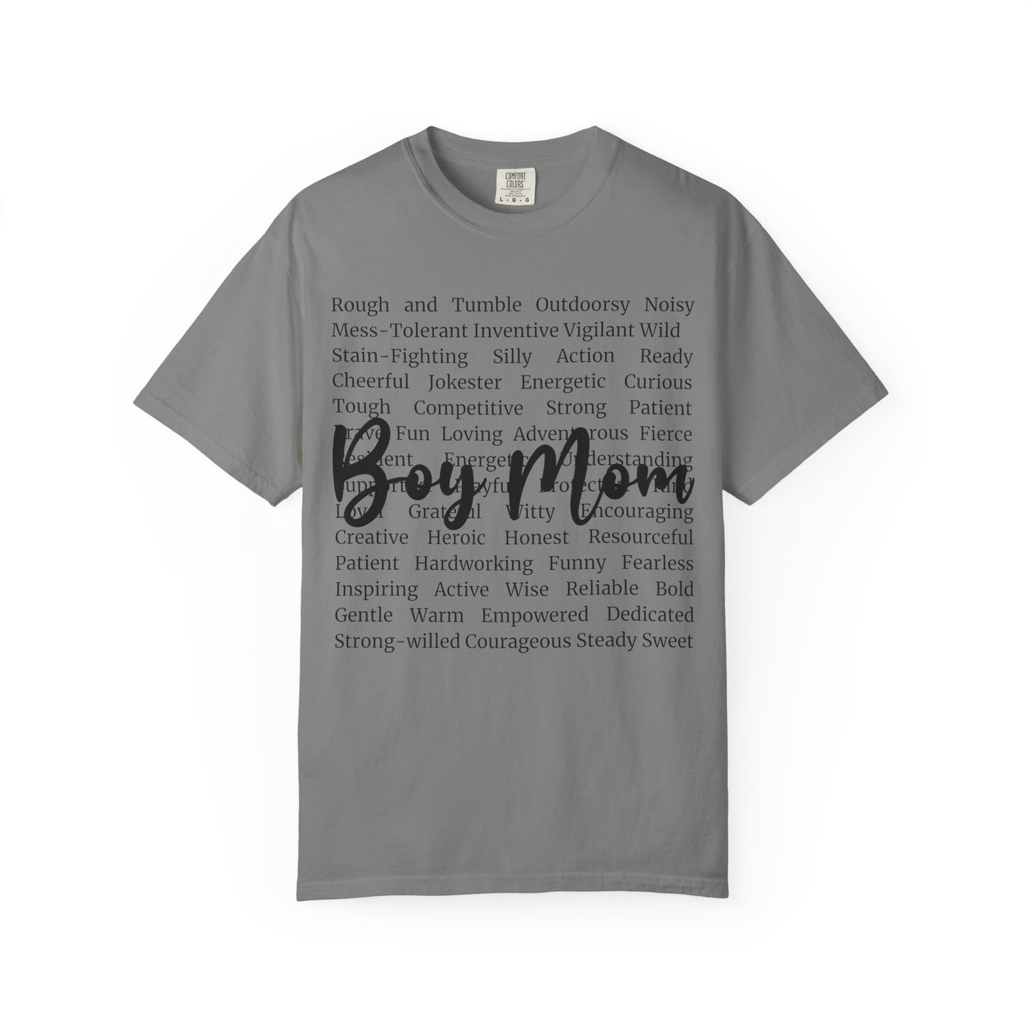 Boy Mom T‑Shirt — 'Boy Mom' Script over Positive Traits Tee COMFORT COLOR