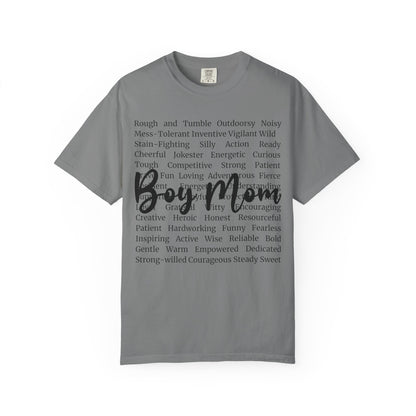 Boy Mom T‑Shirt — 'Boy Mom' Script over Positive Traits Tee COMFORT COLOR