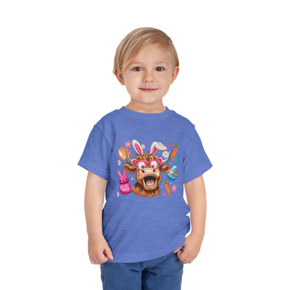 Easter Highland Cow Toddler Tee — Cute Bunny Ears & Colorful Eggs