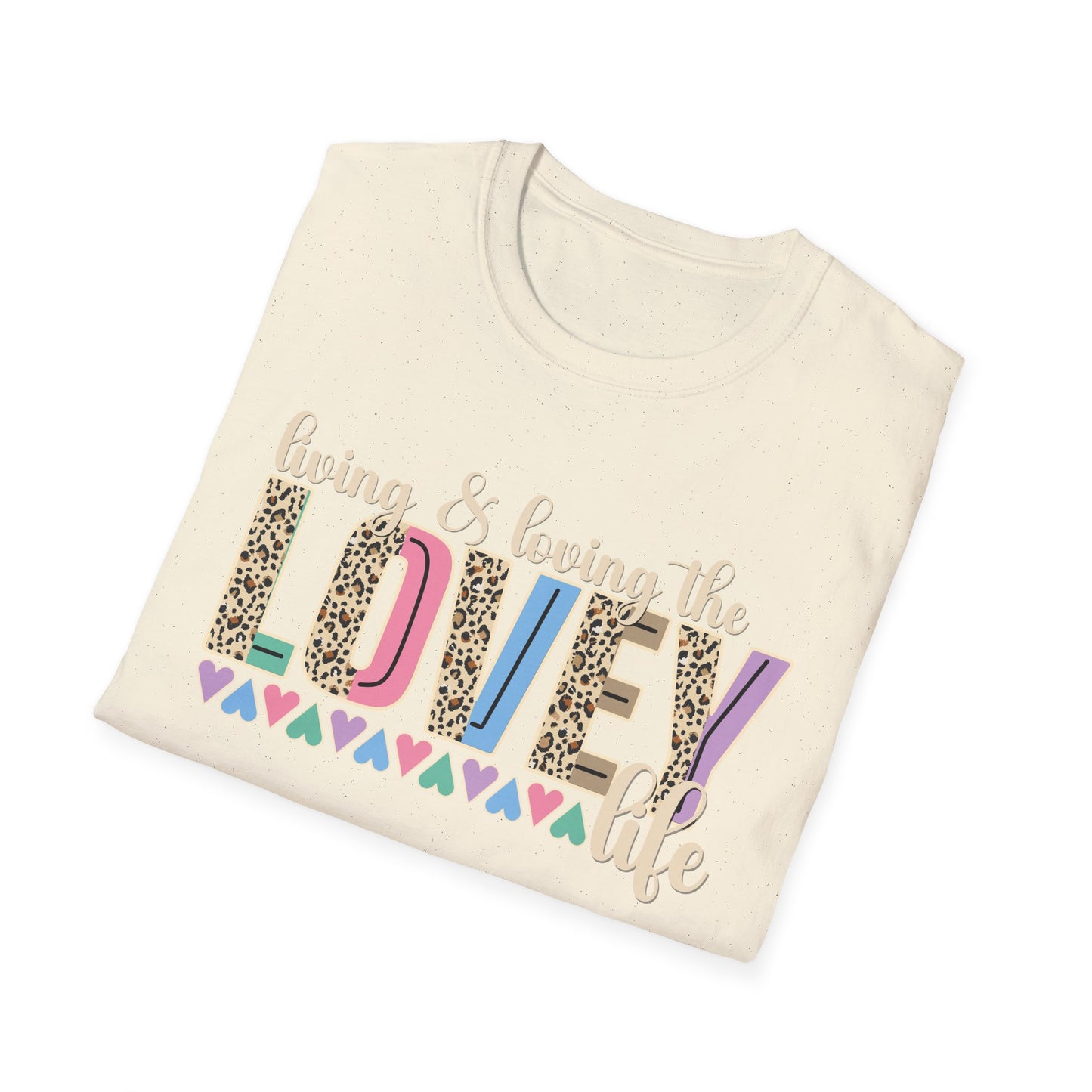 T-Shirt — Living the Lovey Life Graphic Tee (colorful leopard & pastel hearts)