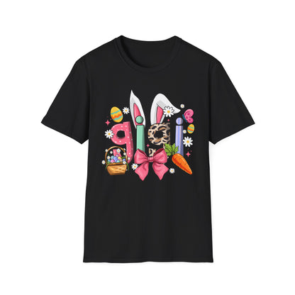Easter Girl Bunny Tee – Floral Eggs, Carrot & Pink Bow Graphic T-Shirt