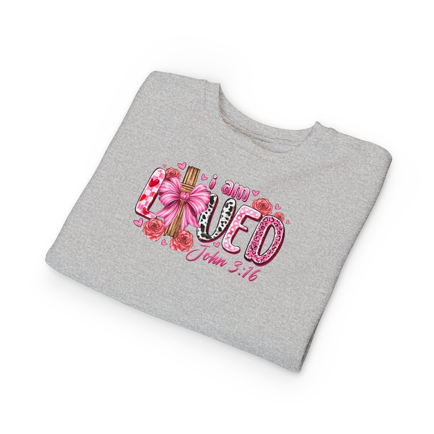 Toddler Sweatshirt - "I Am Loved" John 3:16 Pink Cross Faith Pullover