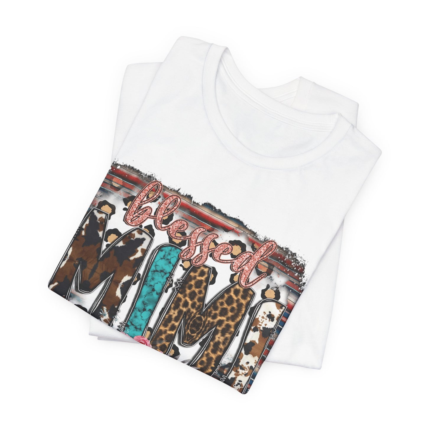 Mama Leopard & Western Floral T-Shirt — 'Mama' Graphic Tee with Cowhide, Turquoise & Pink Flowers