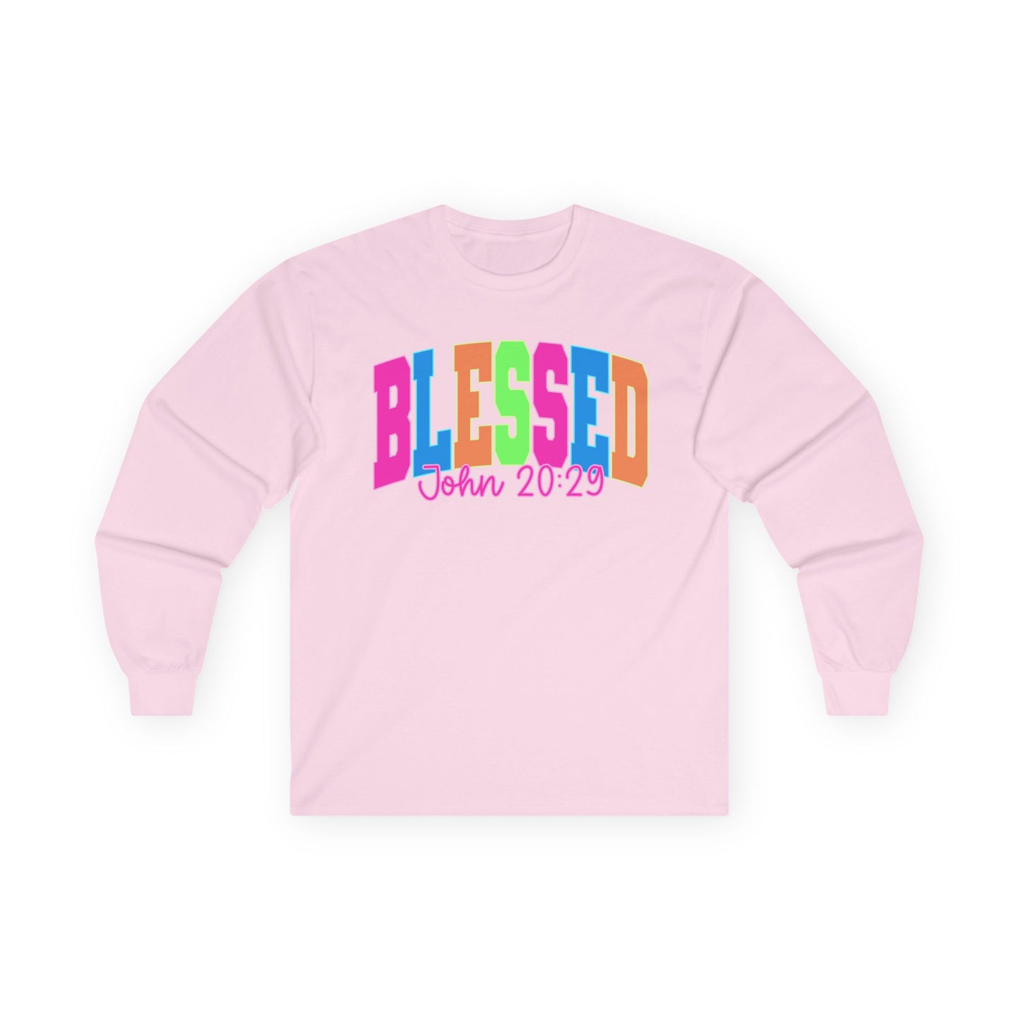 Blessed Long Sleeve Tee — Bright Colorblock 'BLESSED' with John 20:29