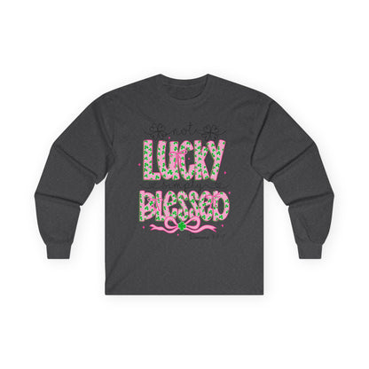 Long Sleeve Tee — "Not Lucky, Simply Blessed" Floral Christian Graphic