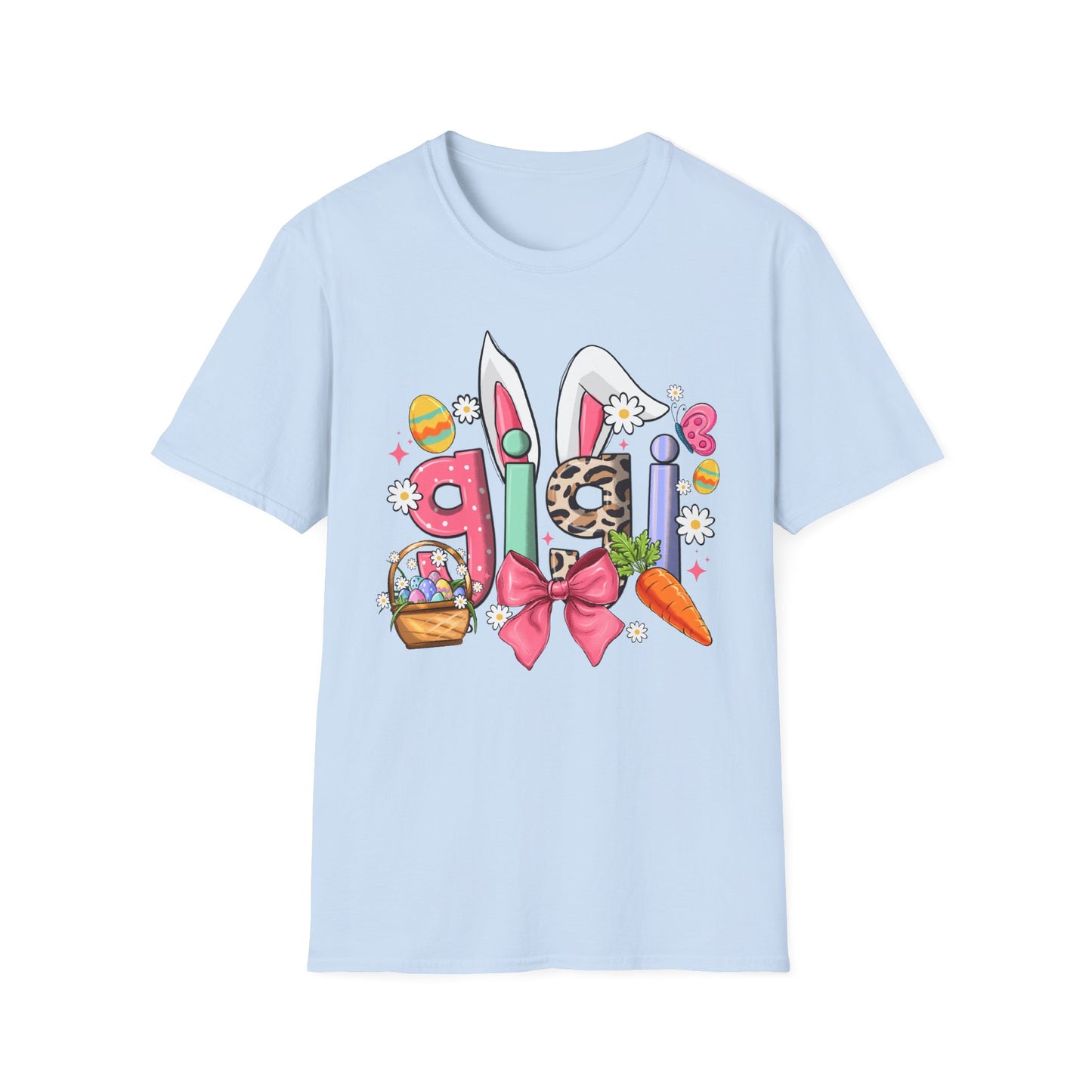 Easter Girl Bunny Tee – Floral Eggs, Carrot & Pink Bow Graphic T-Shirt