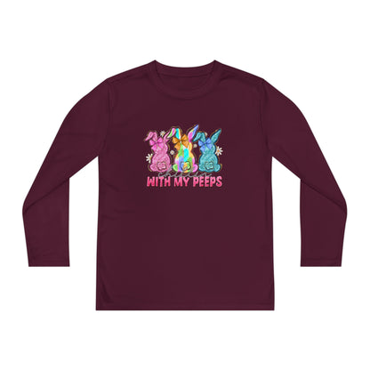 Youth Long Sleeve Tee — "With My Peeps" Colorful Easter Bunny Graphic