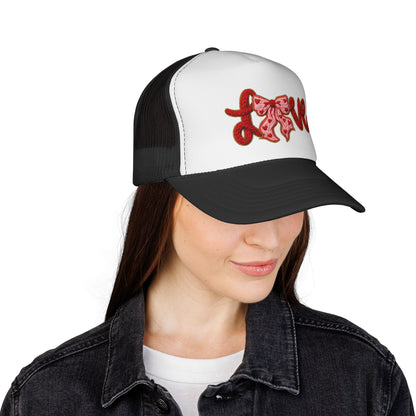 Love Bow Trucker Cap — Cute Pink Ribbon Love Logo Mesh Hat for Valentine’s Day
