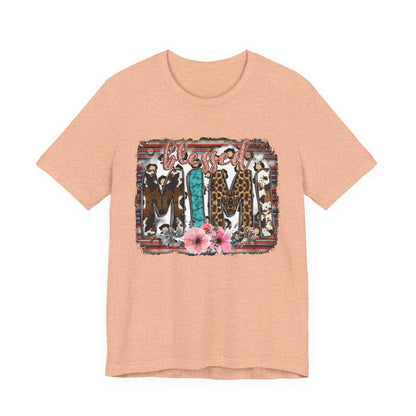 Mama Leopard & Western Floral T-Shirt — 'Mama' Graphic Tee with Cowhide, Turquoise & Pink Flowers
