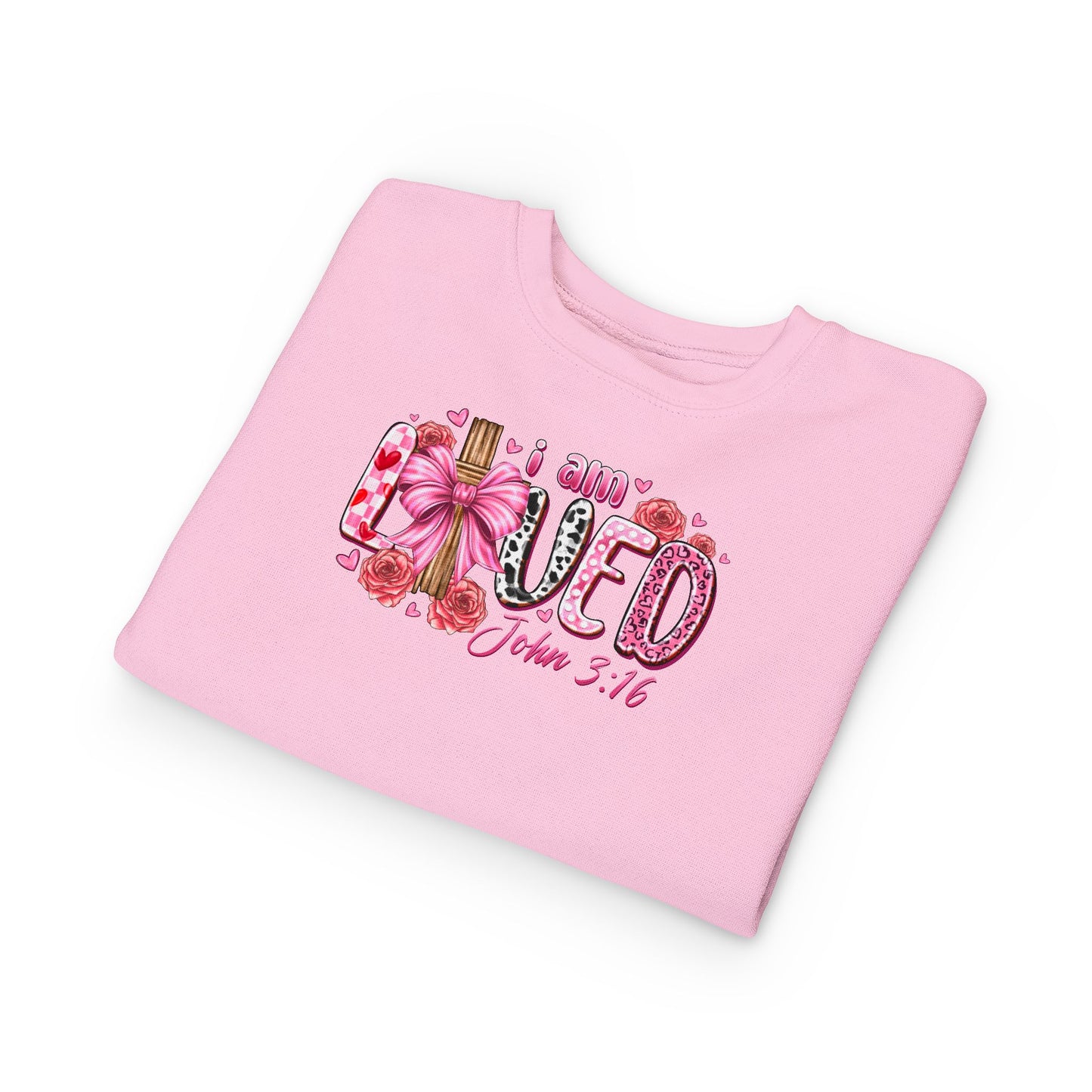 Toddler Sweatshirt - "I Am Loved" John 3:16 Pink Cross Faith Pullover