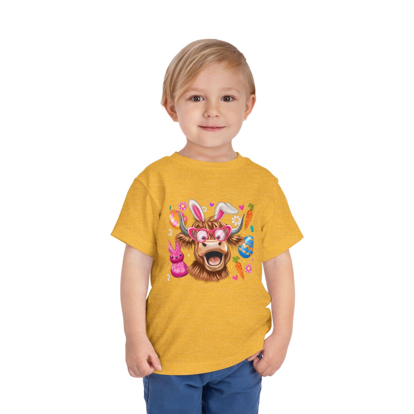Easter Highland Cow Toddler Tee — Cute Bunny Ears & Colorful Eggs