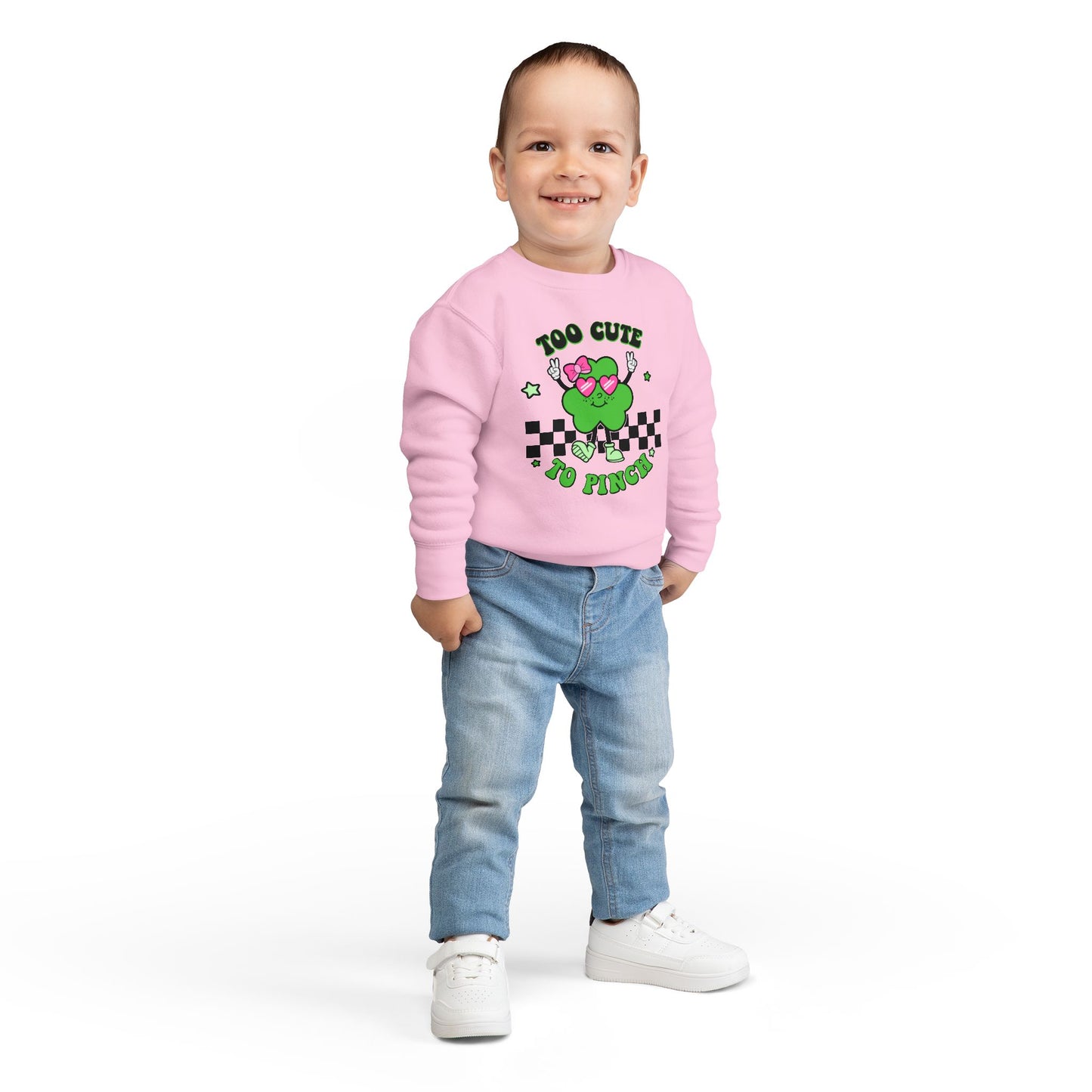 Toddler Sweatshirt — "Too Cute to Pinch" St. Patrick's Day Shamrock Crewneck